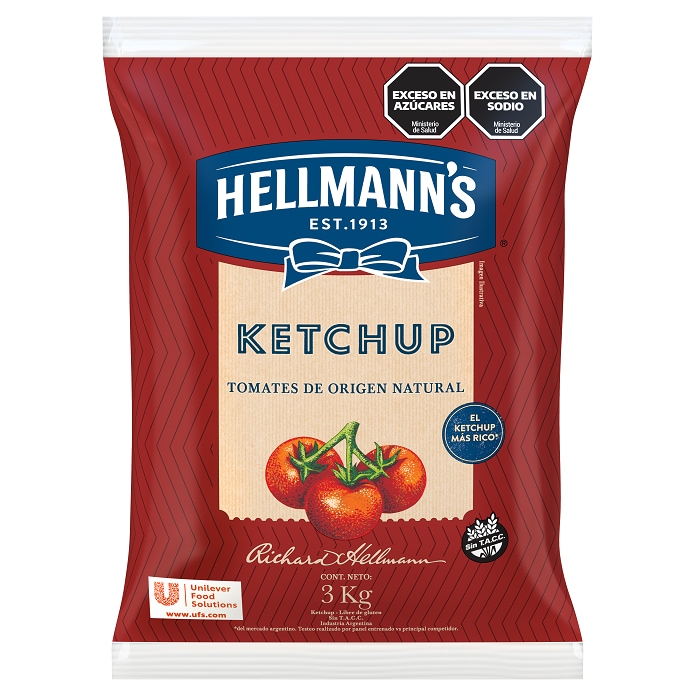 HELLMANNS KET C/TOMATE BOLSA 3X3KG - El ketchup Hellmann's es naturalmente rico para que puedas sorprender a tus comensales con la mejor calidad y el mejor sabor.